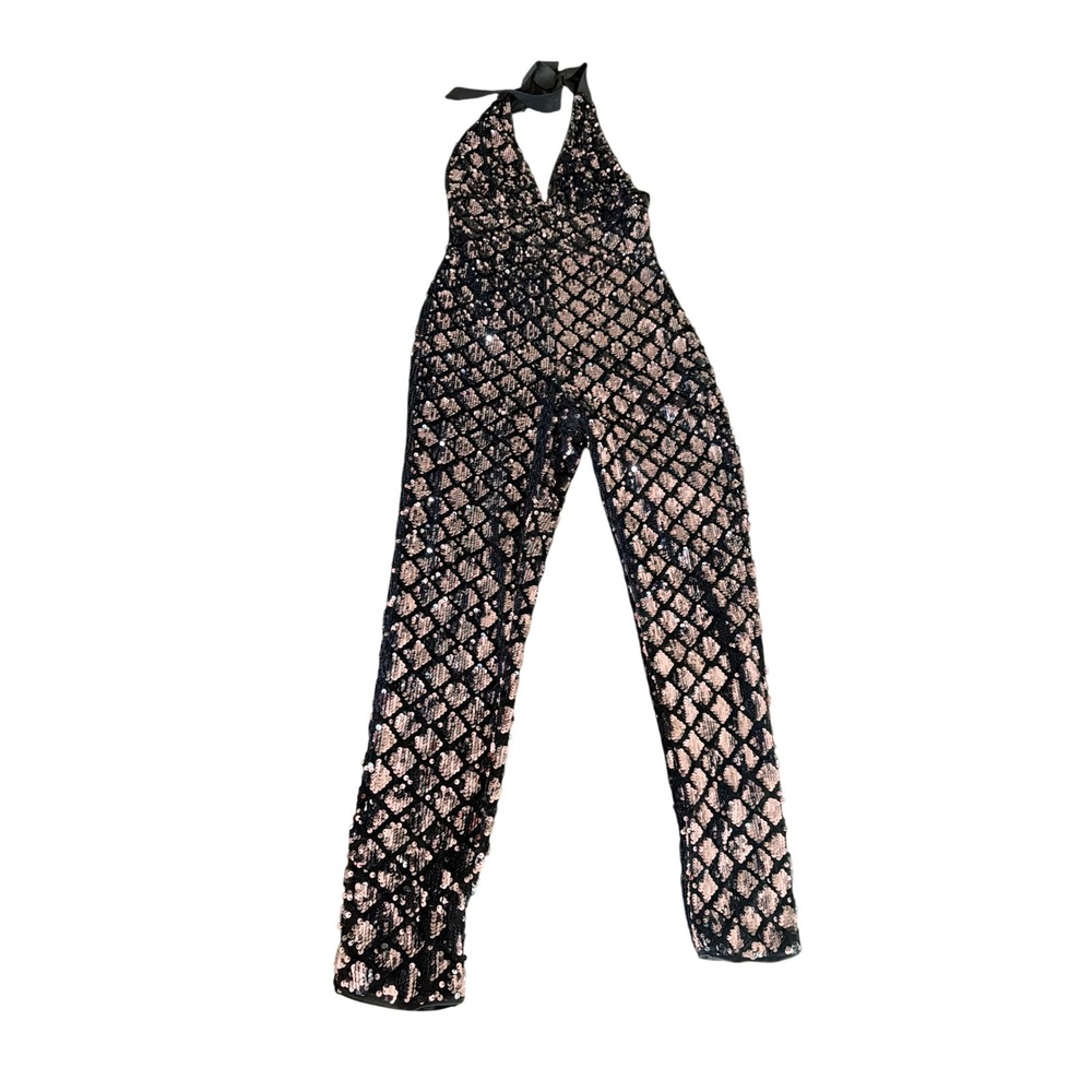 Jumpsuit Black Rose Gold Sequin Lattice Halter Neck Disco Rave Club HolidayS